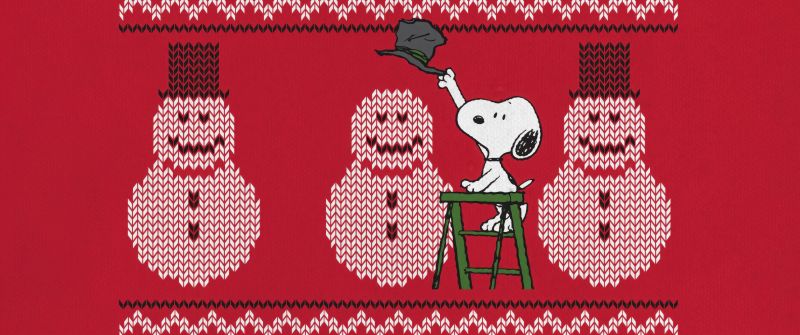 Snoopy, Snowman, Christmas background, Red background, 5K, Peanuts, Happy, Cartoon, Knitted, Illustration, Adorable, Cheerful, Festive season