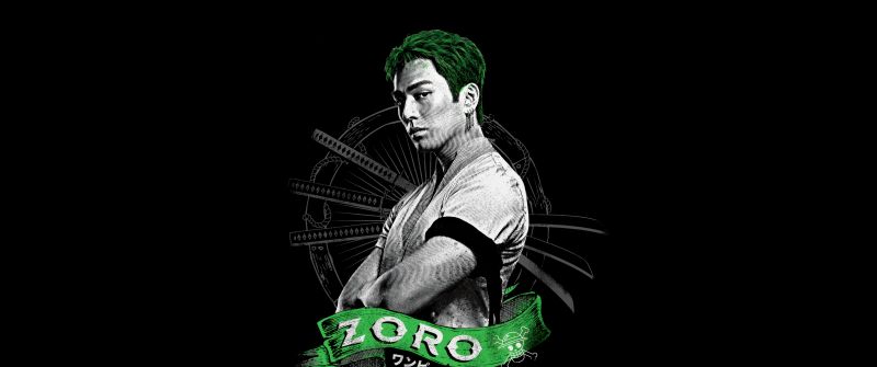 Mackenyu as Zoro, One Piece, Netflix series, Black background, 5K, 8K, AMOLED