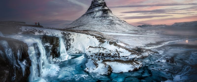 Kirkjufell mountain, Iceland, Waterfall, Winter Mountains, Scenic, Landscape, Twilight, Frozen, Tourist attraction, 5K, 8K, Arctic