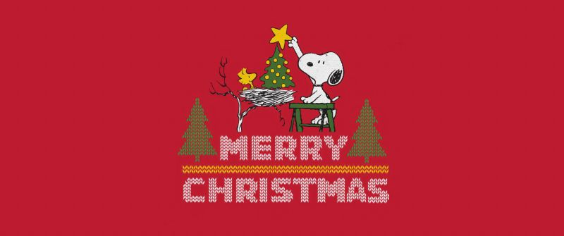 Snoopy, Merry Christmas, Red background, 5K, 8K, Christmas decoration, Woodstock