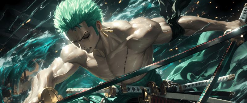 Roronoa Zoro, Muscular, Powerful, Fierce, One Piece, 5K, Green aesthetic, Sword