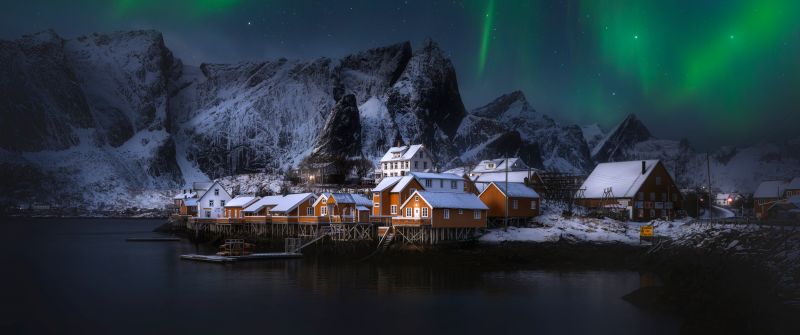 Lofoten Islands, Ultrawide, Norway, Aesthetic, Serene, Aurora Borealis, Northern Lights, Village, 5K, Snow covered, Snow mountains, Panorama