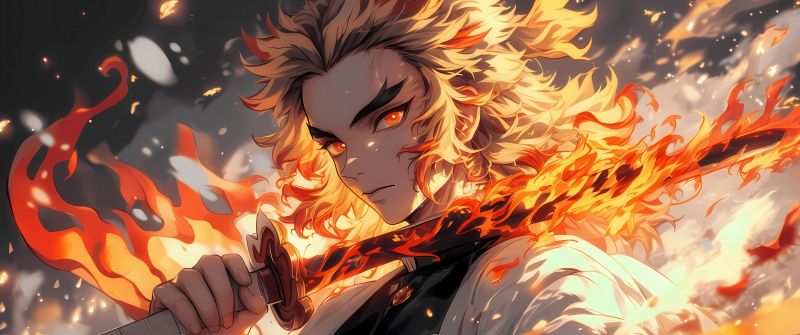 Kyojuro Rengoku, Sword, Fire effect, Demon Slayer: Kimetsu no Yaiba, 5K, Katana