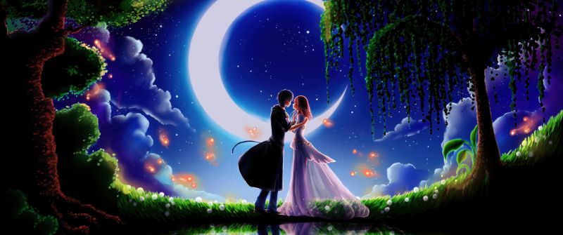 Anime couple, Kiss, Romantic kiss, Crescent Moon, Reflection, Dreamy, Magical, 5K