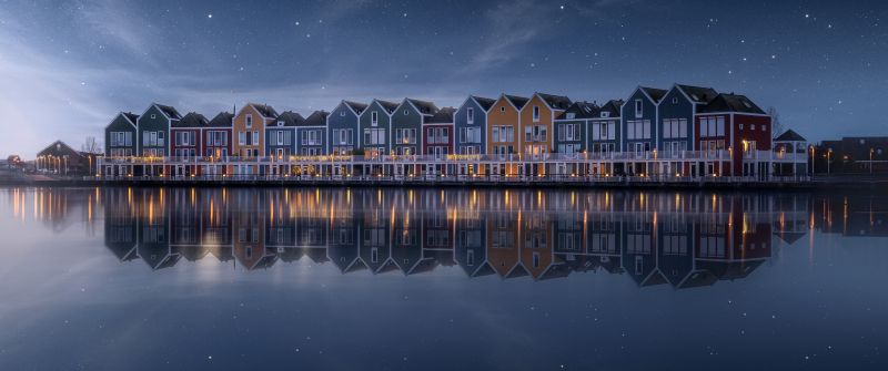 Colorful, Lakeside, House, Rainbow, Stars in sky, Evening sky, Reflection, Netherlands, 5K, Scenic, Wooden House, Aesthetic