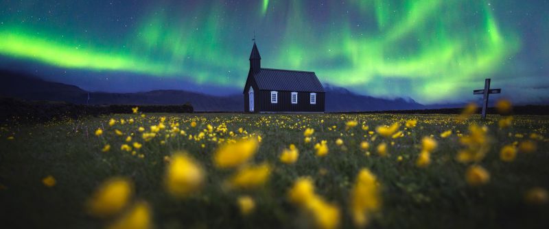 Aurora Borealis, Church, Northern Lights, Iceland, Yellow flowers, Scenic, Landscape, Evening sky, 5K, 8K