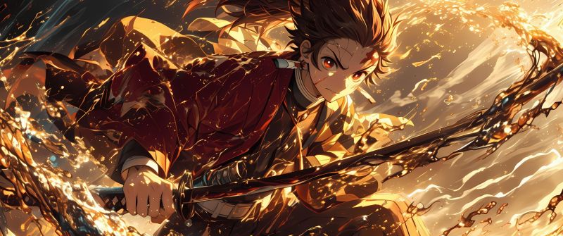 Tanjiro Kamado, Action, Water Breathing, Sword, Demon Slayer: Kimetsu no Yaiba, 5K, AI art