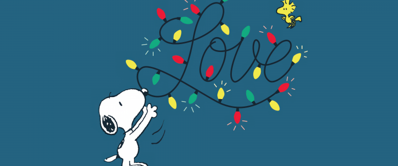 Snoopy, Love text, 5K, 8K, Woodstock, String Lights, Christmas decoration, Cartoon, Holidays, Love word