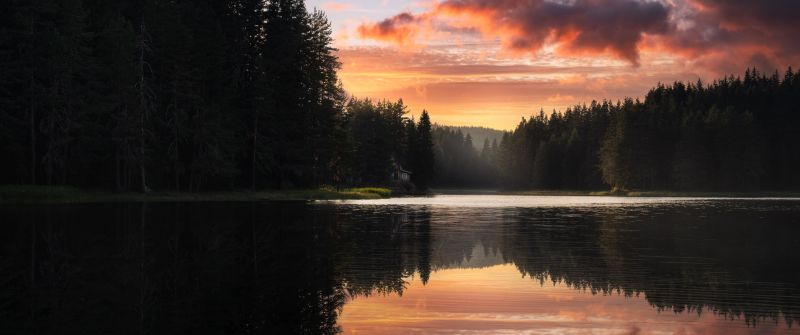 Serene, Lake, Sunset, Forest, Trees, Reflection, Clouds, Body of Water, Scenic, Peaceful, Calm, Tranquil, Quiet, 5K, 8K