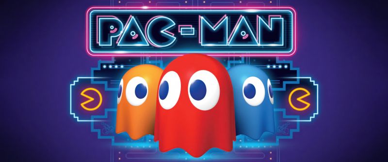 Pac-Man, Ghosts, Neon background, 5K, Violet background