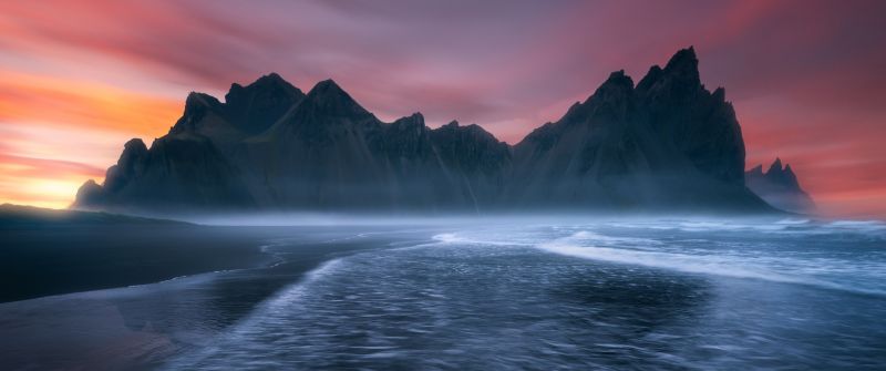 Vestrahorn mountain, Scenic, Iceland, Black sand beach, Ocean Waves, Sunset, Twilight, Dramatic, 5K, 8K, Stokksnes