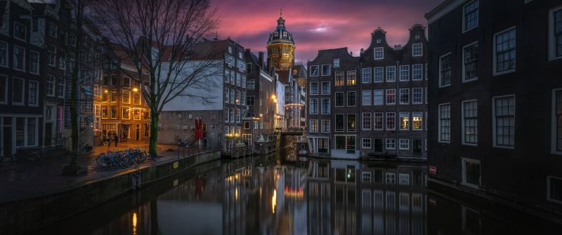 Amsterdam, Aesthetic, Night City, Sunset, Cityscape, Canal, Buildings, Reflection, European, Tourist attraction, Night photography, 5K