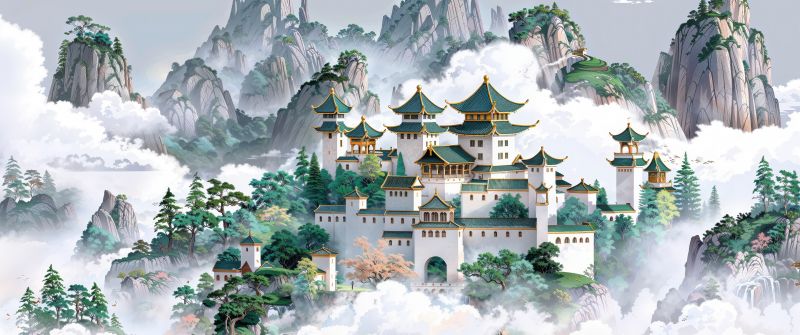 Chinese architecture, Temple, Clouds, Mountains, Asian, Surrealism, Fantasy artwork, Digital Art, AI art, 5K