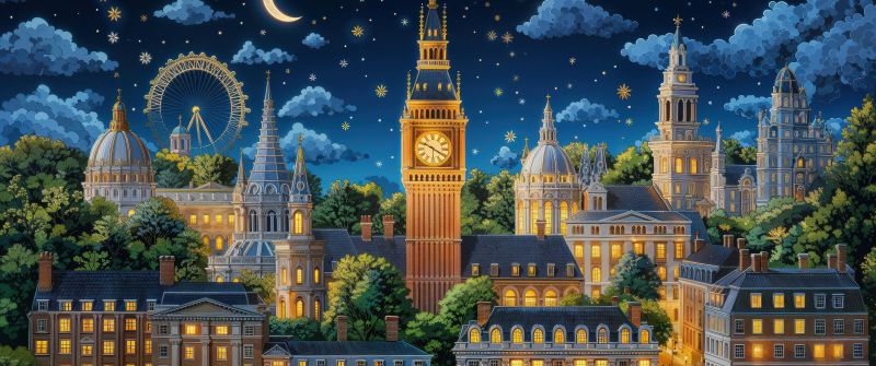 London, Aesthetic, Big Ben, Cityscape, Night City, Night sky, Stars in sky, Crescent Moon, Night illumination, Buildings, 5K, AI art, United Kingdom, England, Europe, Urban, Tourist attraction