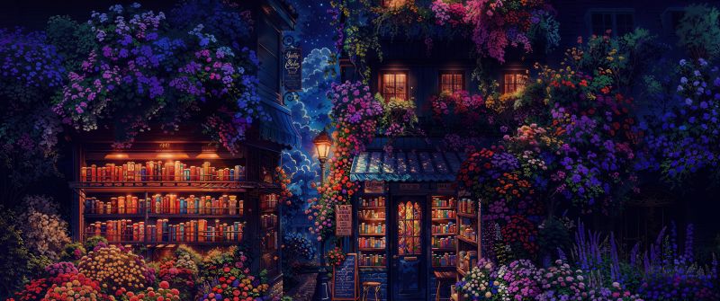 Cozy, Shop, Night illumination, Night sky, Books, Digital Art, Nostalgic, Vintage, AI art