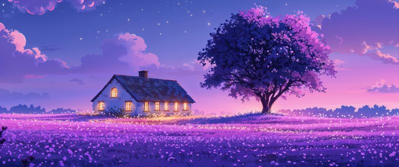 Purple aesthetic, Scenery, Landscape, Night sky, Serenity, Countryside, Tranquility, Digital art, 5K