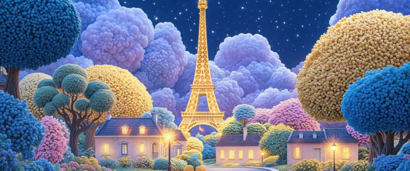 Eiffel Tower, Dreamy, Aesthetic, Night sky, Crescent Moon, Stars in sky, Illuminated, Digital Art, 5K