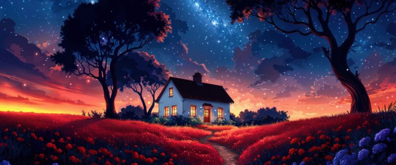 Surreal, Scenery, AI art, Landscape, Night, Milky Way, 5K, House, Aesthetic