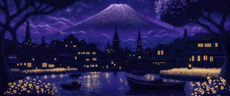 Mount Fuji, Aesthetic, Indigo background, Moon, Reflection, Night, Boats, 5K, AI art