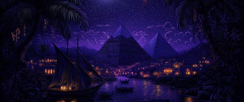 Egyptian Pyramids, Purple aesthetic, Night, Moonlight, Illuminated, Boats, Surrealism, Palm trees, 5K, Purple sky, Reflection