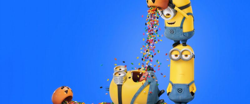 Minions, Halloween, Funny, Blue background, 5K, 8K, Candies