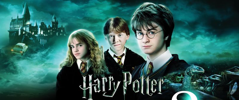 Harry Potter and the Chamber of Secrets, Movie poster, Daniel Radcliffe as Harry Potter, Emma Watson as Hermione Granger, Ron Weasley