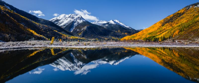 Crystal Lake, Aesthetic, Colorado, Landscape, North America, Outdoor, Mountains, Fall, 5K, Reflections, Clear sky