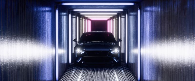 Ford Mustang, Ultrawide, Neon Lights, Tunnel, Futuristic, 5K