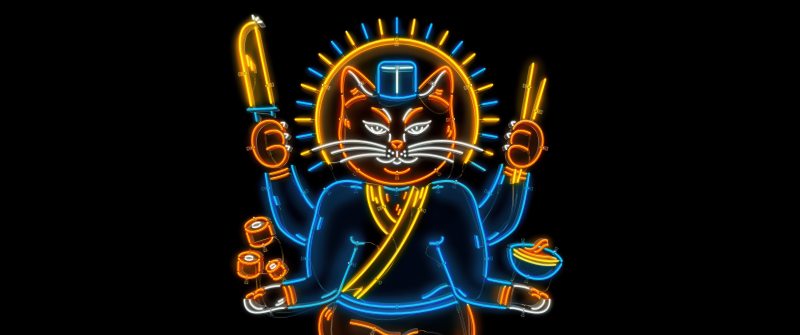 Sushi cat, Neon sign, Japanese culture, 5K, AMOLED, Glow in dark, Black background