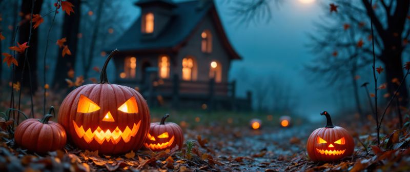 Haunted house, Halloween pumpkins, Halloween night, Jack-o'-lantern, 5K