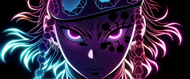 Tengen Uzui, Neon art, Demon Slayer: Kimetsu no Yaiba, AMOLED, Black background, 5K