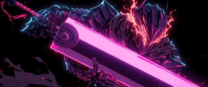 Guts (Berserk), Neon art, AMOLED, Black background, Pink aesthetic