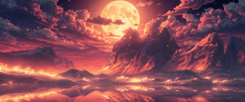 Volcanic, Moon, Burning Sky, Ethereal, Dreamlike, Apocalyptic, Celestial, Landscape, Digital Art, 5K