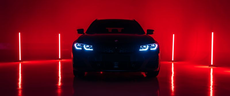 BMW M340i xDrive Touring First Edition, 2020, Red lighting, 5K, Red background