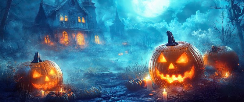 Haunted house, Halloween night, Halloween pumpkins, AI art, 5K