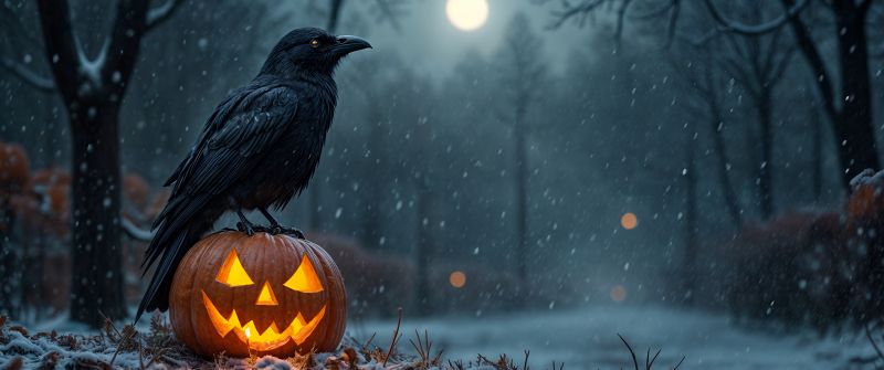 Halloween Pumpkin, Crow, Halloween night, Snowfall, Winter snow