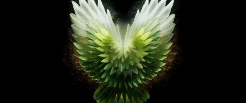 Angel wings, Green aesthetic, Tecno Phantom V Fold 2 Stock, Black background, AMOLED