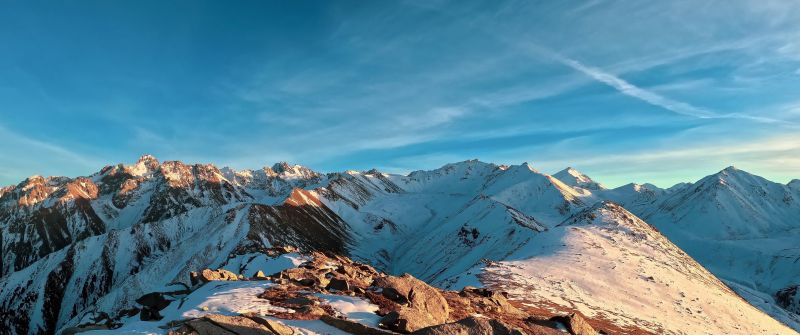 Snowy Mountains, Scenic, Blue Sky, Outdoor, Sunny day, Panorama, 5K