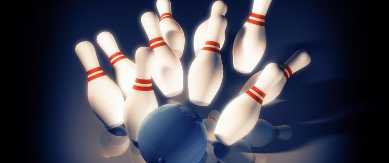 Bowling pins, Bowling ball, Blue background, 5K