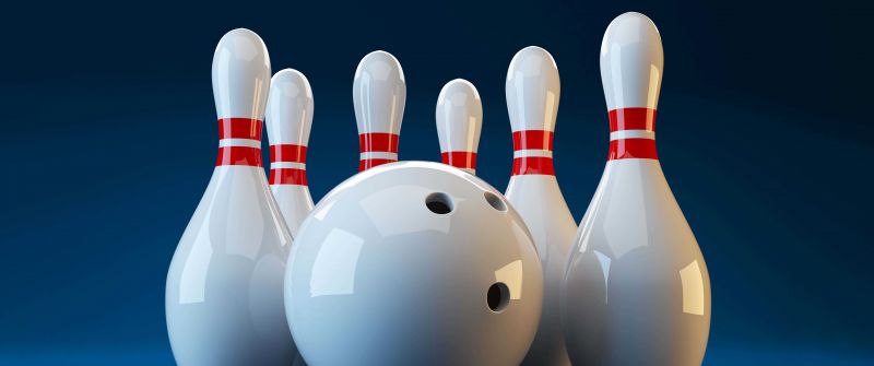 White, Bowling pins, Blue background, 5K, 8K, Bowling ball