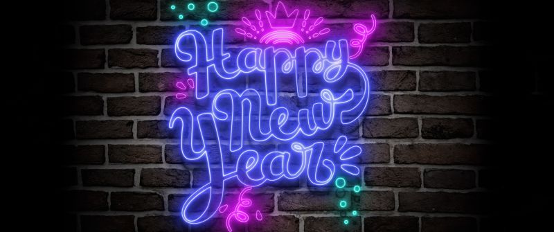 Happy New Year, Neon sign, Brick wall, 5K, Dark background, Dark aesthetic