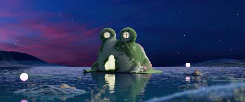 Frog house, Aesthetic, Night, Dreamlike, Starry sky, Lake, 5K