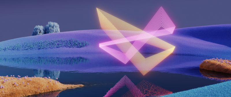 Triangular, Reflection, Landscape, Microsoft Design, Dynamic, Surrealism, Triangles, 5K, Geometric, Dark Mode