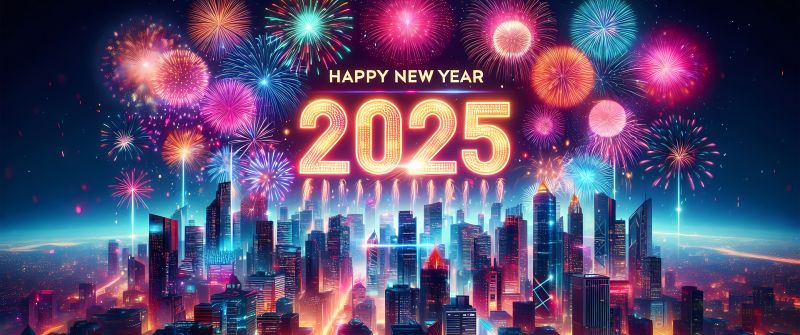 2025, New Year celebrations, Happy New Year 2025, Futuristic city, Neon city, Fireworks, 5K