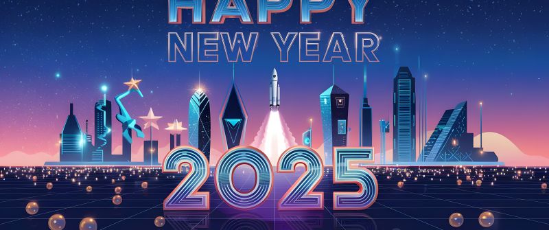 Happy New Year 2025, Futuristic city, Neon, 5K, Space flight