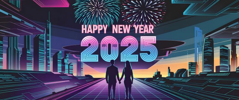 Happy New Year 2025, Couple, New Year celebrations, Dystopian, Cyberpunk, Neon city, 5K