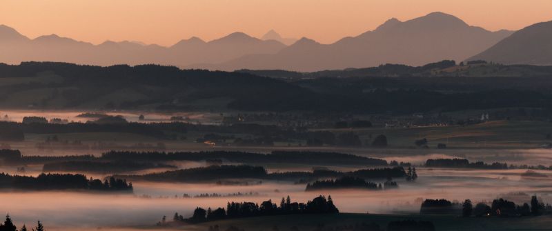 Dramatic, Golden hour, Valley, Sunset, Mountain range, Panorama, Foggy sunset, Misty mountains