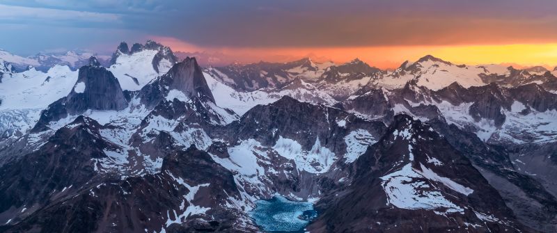 Mountain Landscape, Alps, Scenery, Snowcapped mountains, Mountains, Mountain Peaks, Sunset, Dusk, Dramatic, Panoramic, Aerial Photography, 5K, 8K, Mountain lake