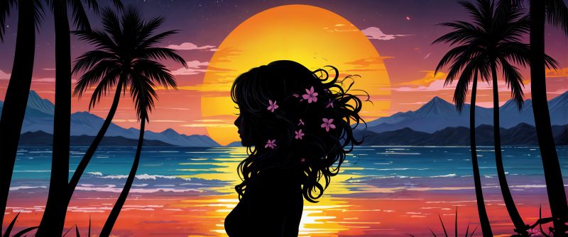 Woman, Silhouette, Girly backgrounds, Tropical beach, Sunset, AI art, Colorful art, 5K