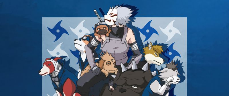 Kakashi Hatake, Ninja dogs, Naruto, 5K, Blue background